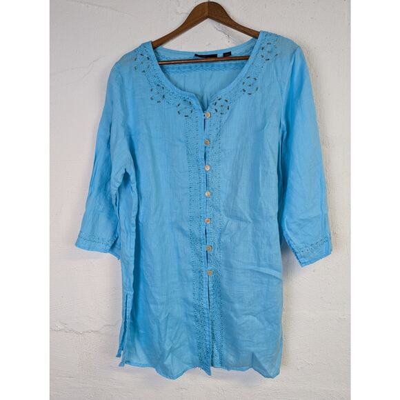 Beaded Boho Linen Tunic Blouse Womens 14 16 Aqua Blue Lagenlook Hippie Fairy - Picture 1 of 9
